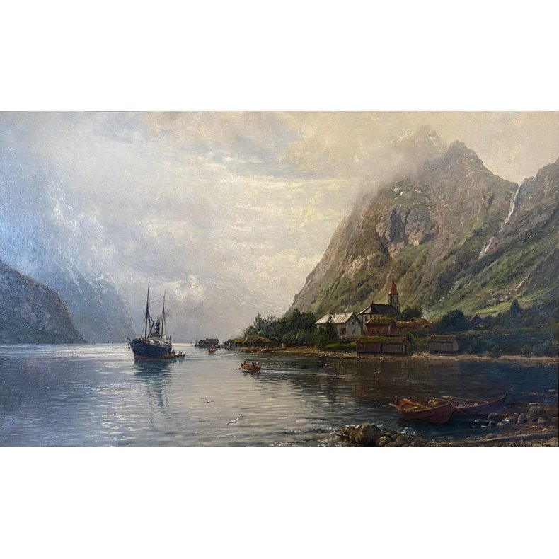Anders Askevold (1834-1900) "Fra Hjrundfjord med Sb handelssted og kirke"